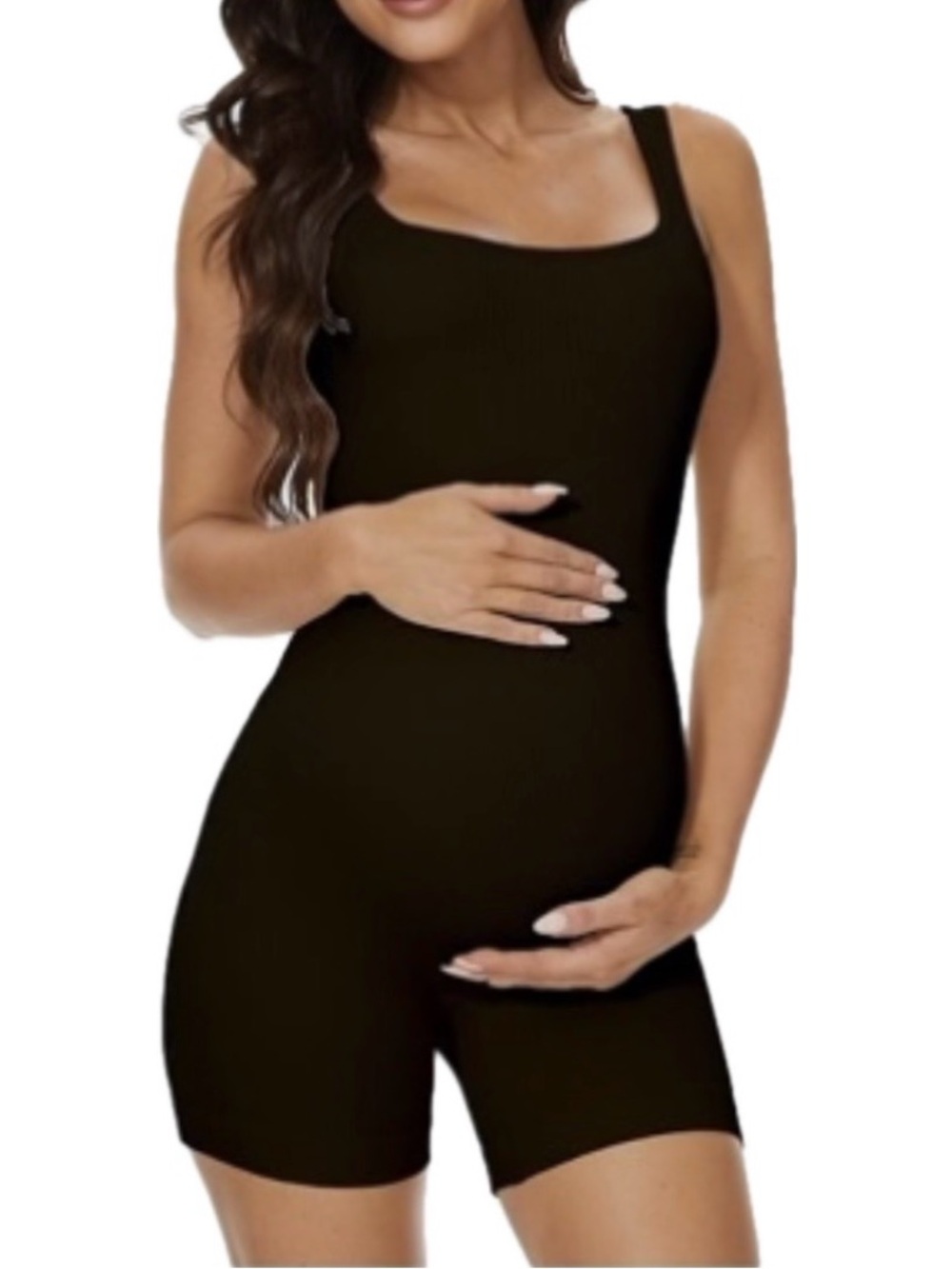 Black Ribbed Maternity Exercise Yoga Romper One Piece Seamless Tank Top Jump